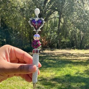 Custom Made  Fancy Rhinestone Purple Heart & Cross Pen